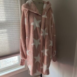 Faux Fur Jacket Pink with White Stars Hood Pockets
